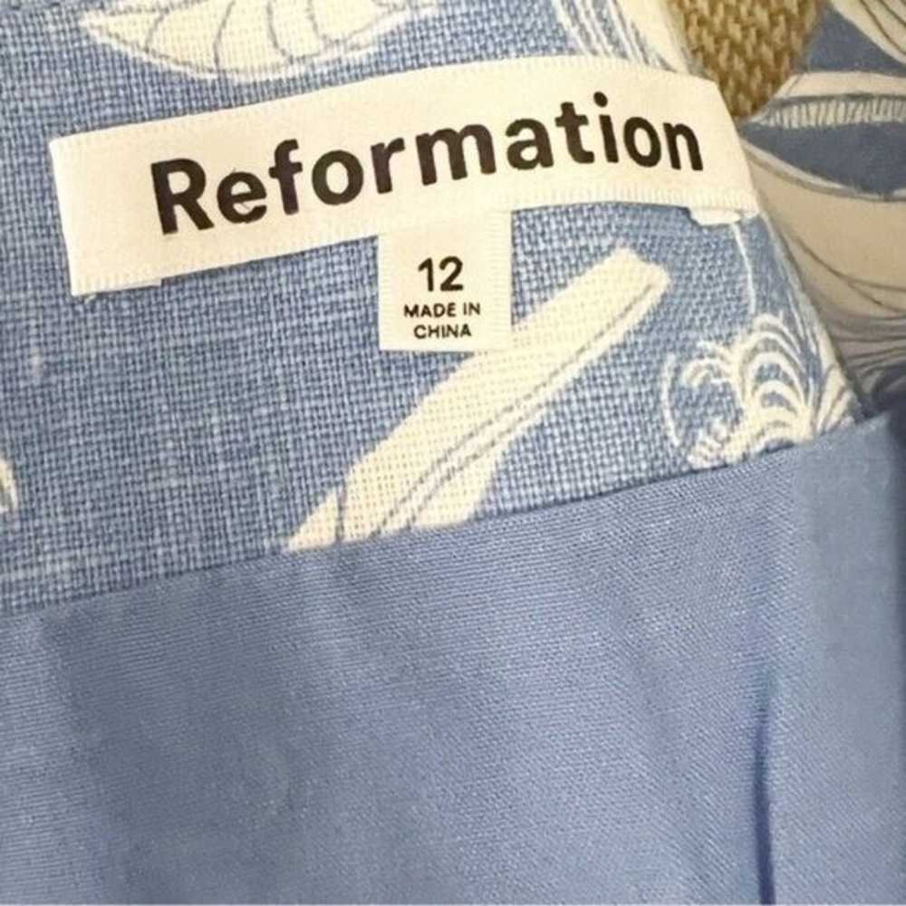 Reformation Blue White Floral Linen Two Piece Set Crop Top Mini Skirt | Size‎ 12 - Picture 9 of 12